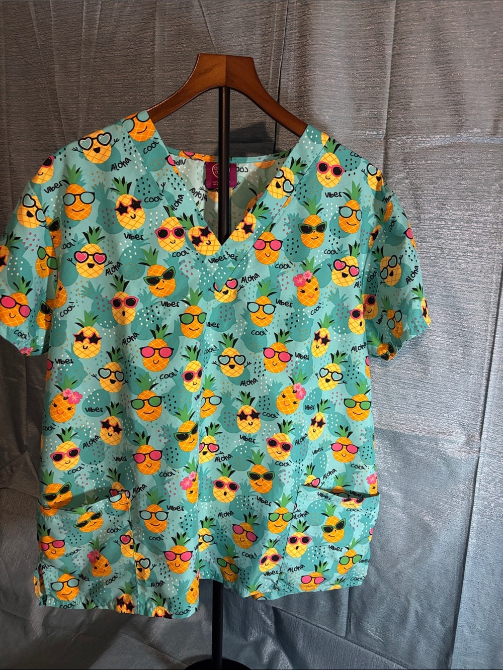 Pineapple Print V-Neck Scrub Top in Aqua